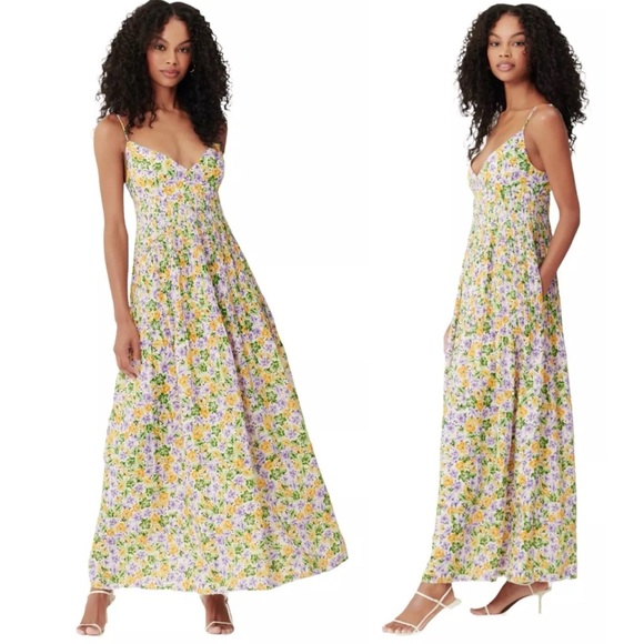 Nicholas Susan Pleated Floral Print A-Line Sleeveless Linen Maxi Cocktail Dress - Picture 4 of 15